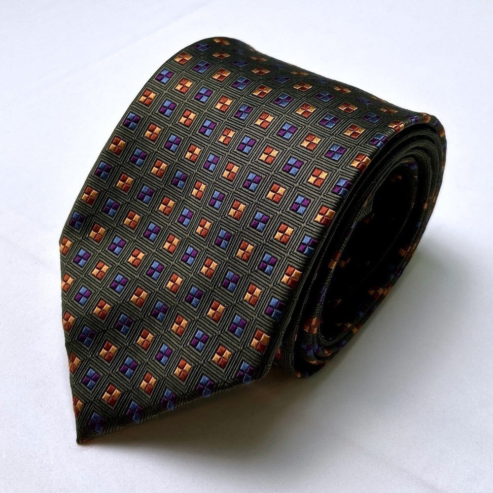 Tango Mens Geometric Square Pattern 100% Silk Necktie 60" Olive Green